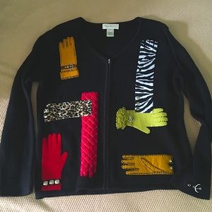 Susan Bristol Black sweater with multi color glove decor, L